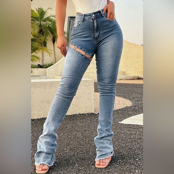 Denim - High waisted stacked split leg detachable streetwear fashion jeans size medium